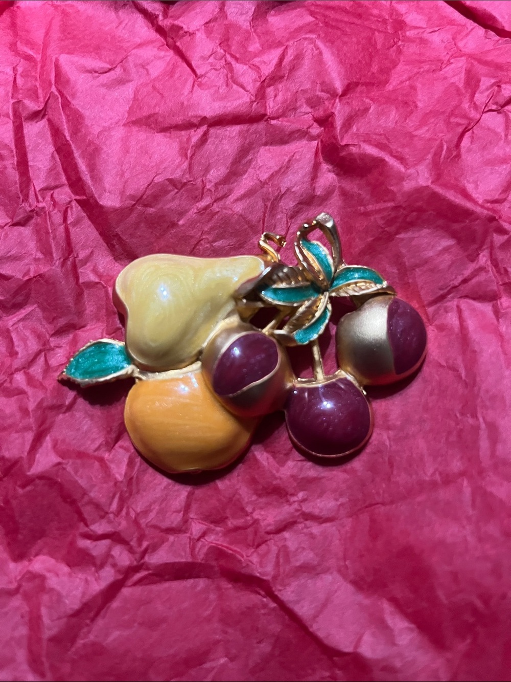 Enamel Fruit Cluster Brooch in Yellow, Orange, Green and Burgundy